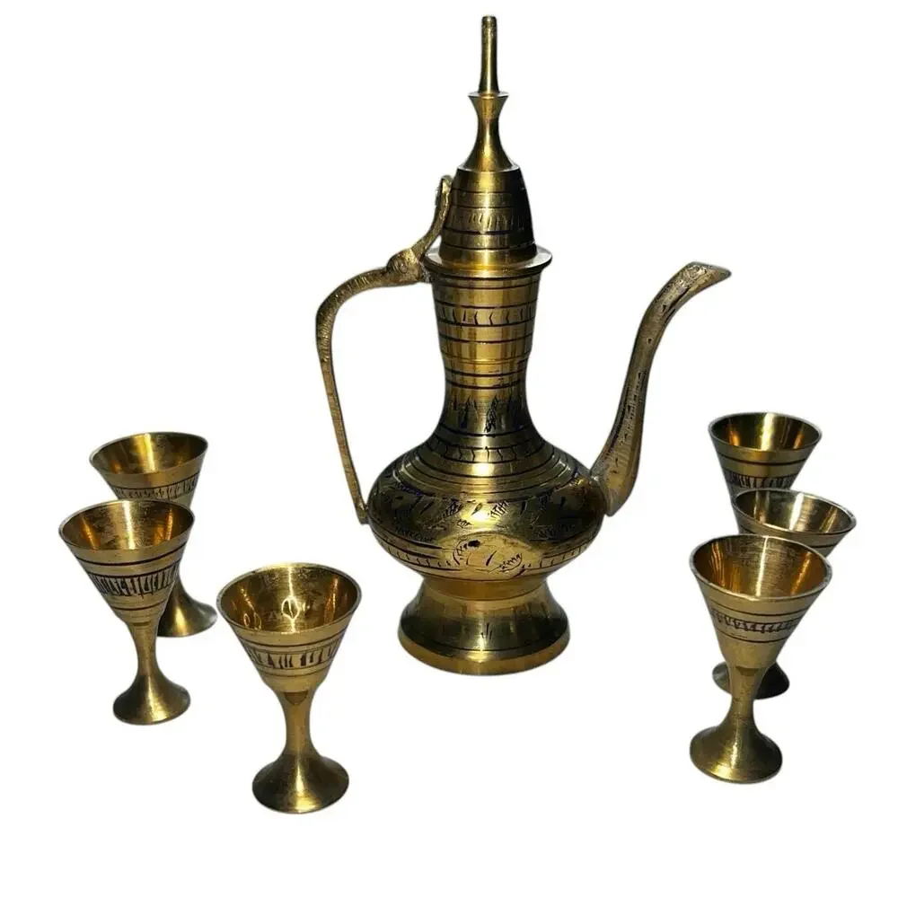 Vintage India Etched Brass Ewer Pitcher Decanter 6 Goblet Cup Set Ornate Boho